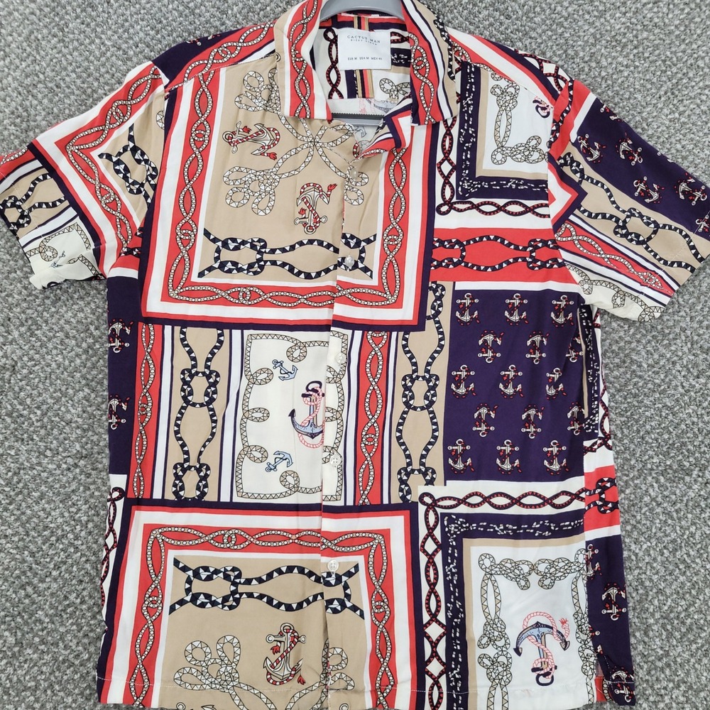 Cactus Man Ricky Singh Mens Medium Nautical Anchor Patchwork Viscose Shirt Red